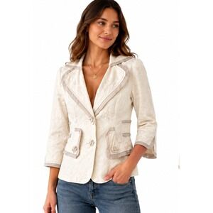 Cover Charge Jacquard Blazer Jacket Women S Cream Cotton Floral Bow Regency Y2K